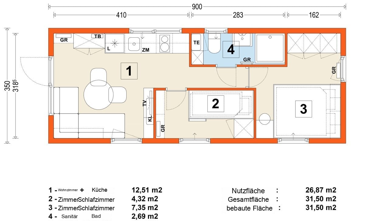 Mobilhaus B – Variante 11 – Grundriss