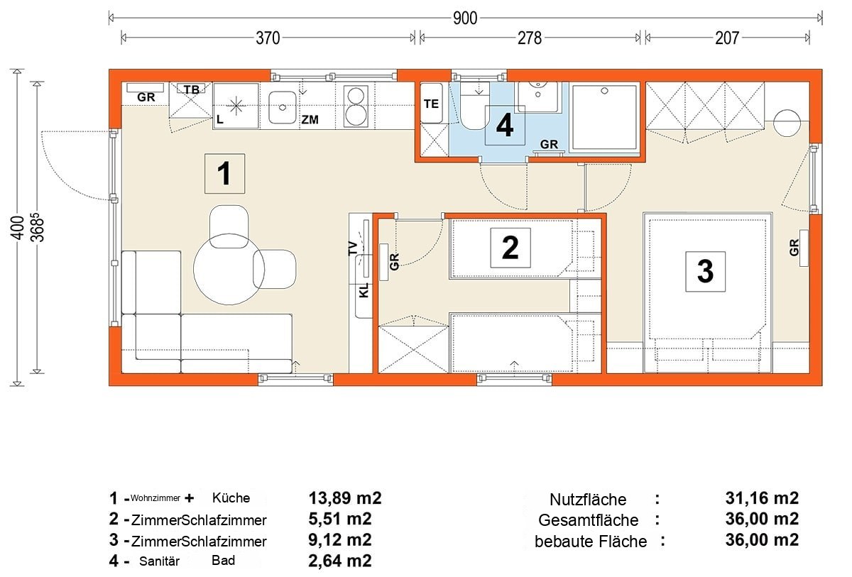 Mobilhaus B – Variante 12 – Grundriss