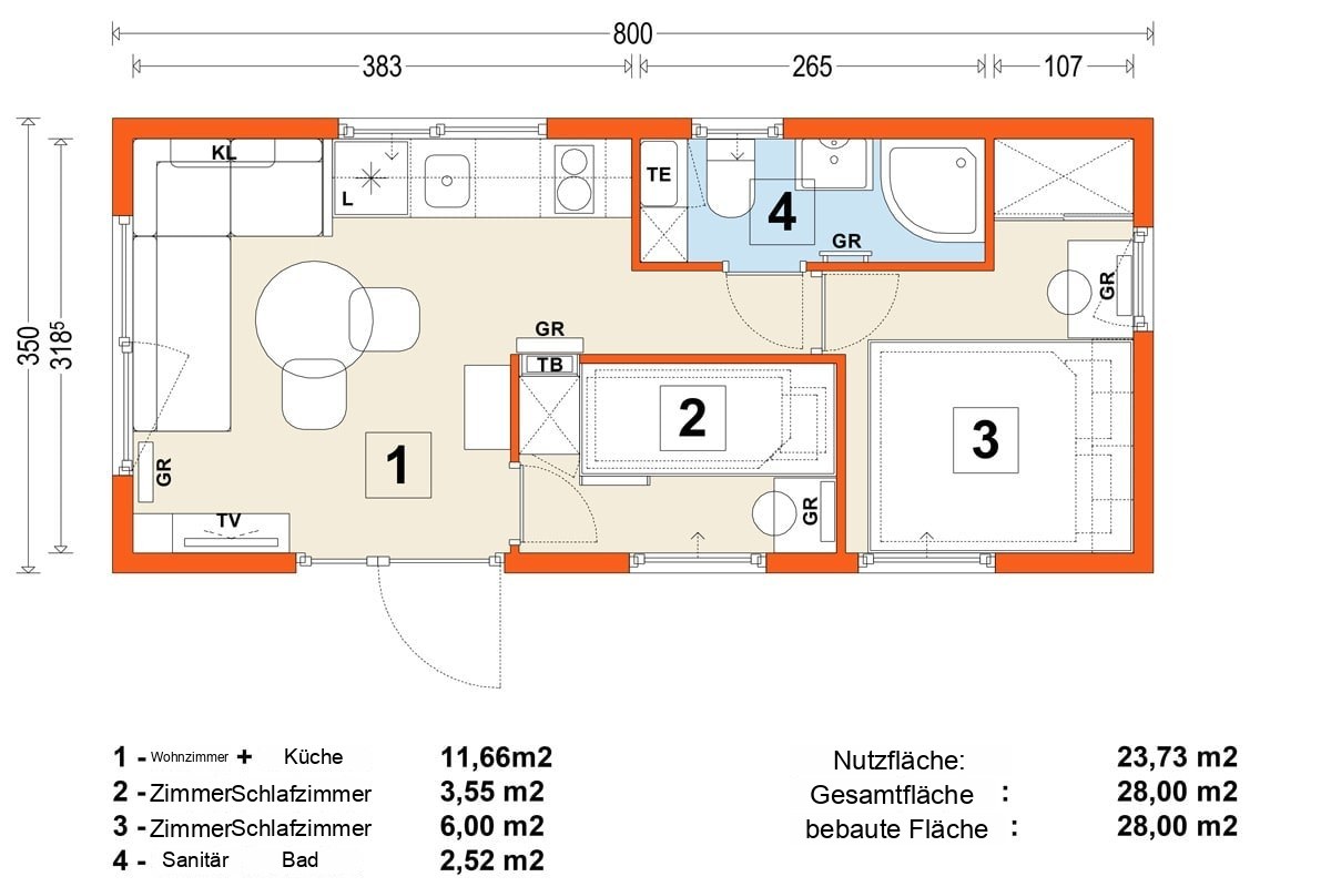 Mobilhaus B – Variante 2 – Grundriss