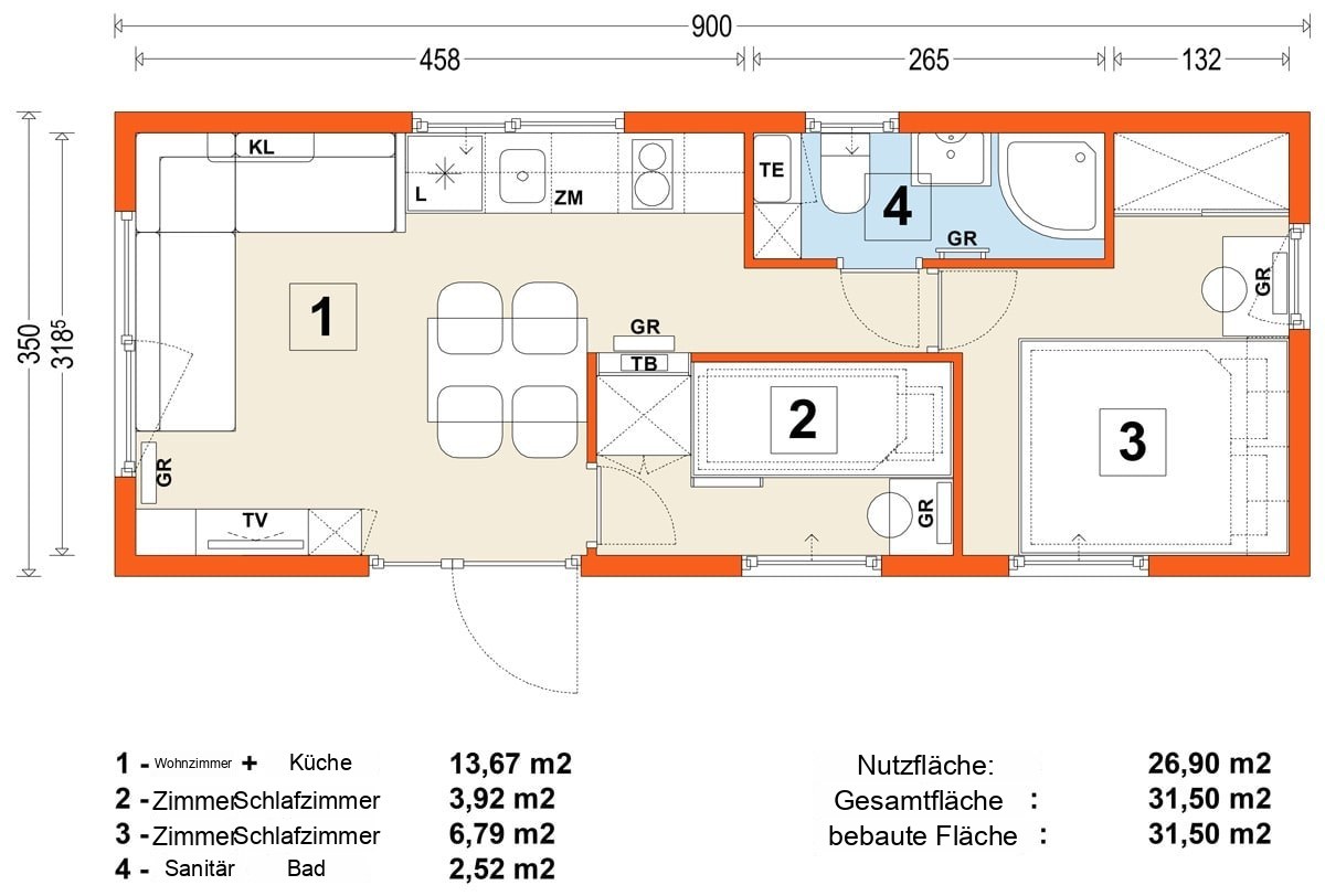 Mobilhaus B – Variante 3 – Grundriss