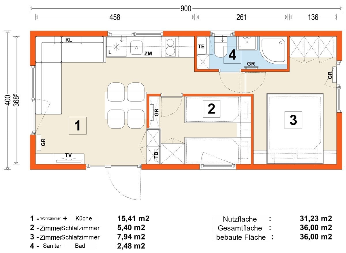 Mobilhaus B – Variante 4 – Grundriss