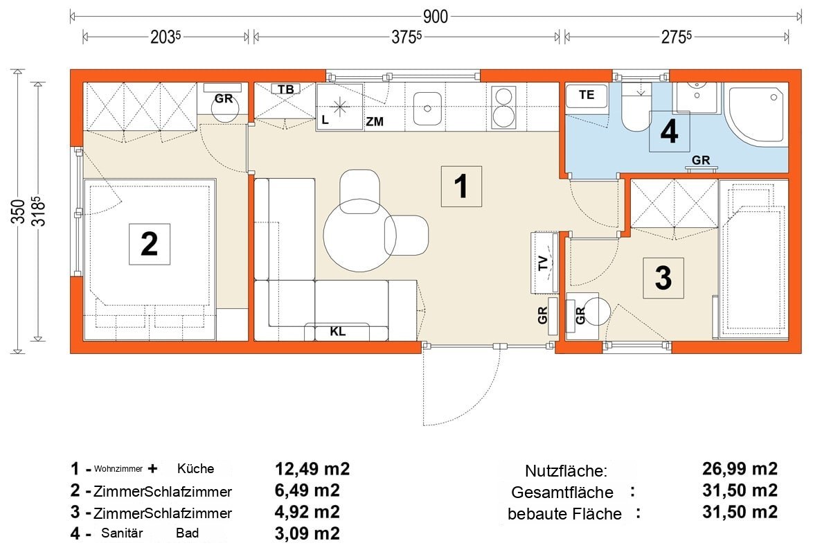 Mobilhaus B – Variante 6 – Grundriss