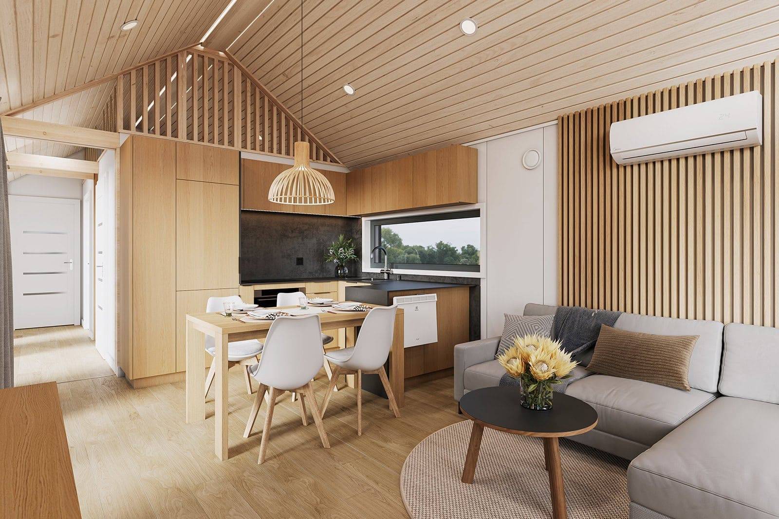 Tatradomy mobile home F3 — a two-module mobile home with a high roof and a gallery