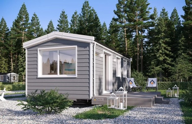 Mobilhaus B — kompaktes Mobilhaus im skandinavischen Stil mit heller Holzfassade