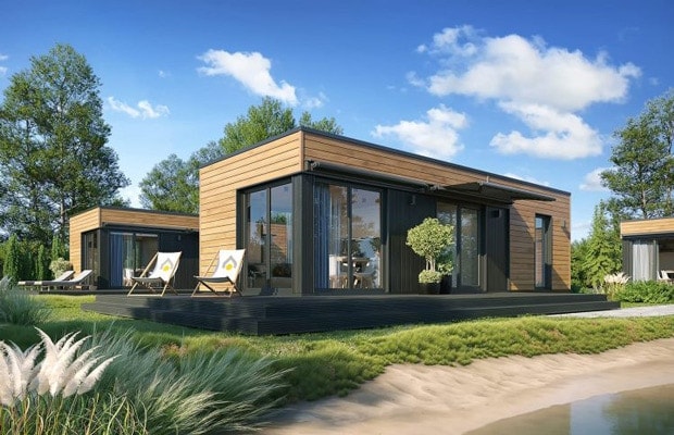 Mobilhaus D — modernes Mobilhaus mit Flachdach, Holz- und Graphitfassade