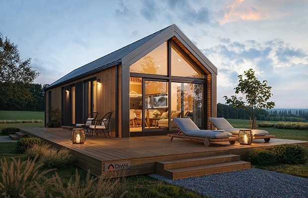 Mobilhaus F2 — geräumiges Mobilhaus mit Holzterrasse und Satteldach